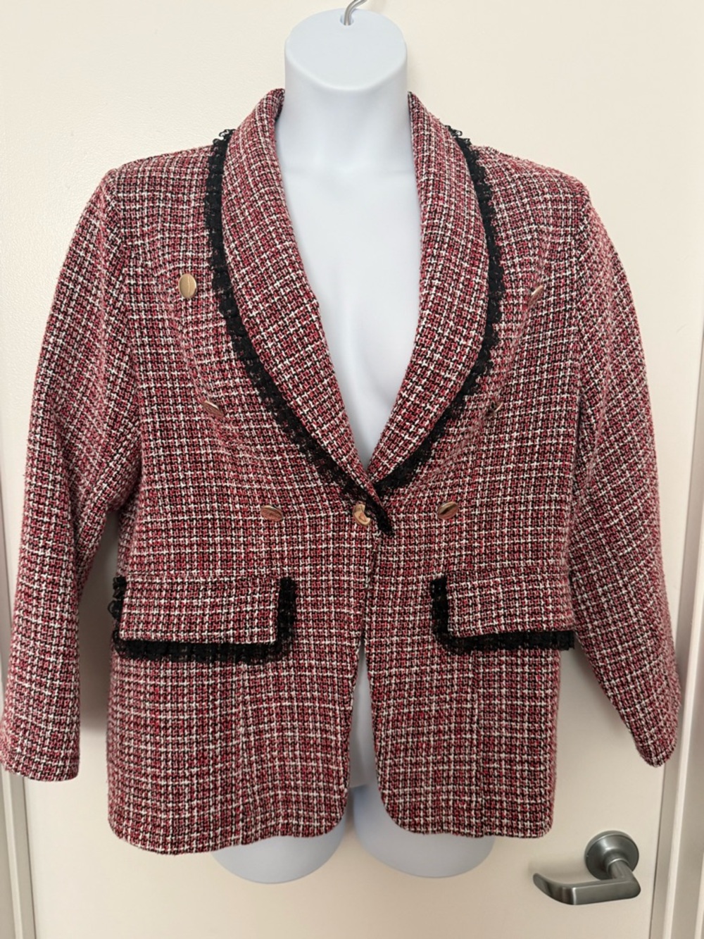 SHEIN Red Tweed Double-Breasted Blazer with Black Trim